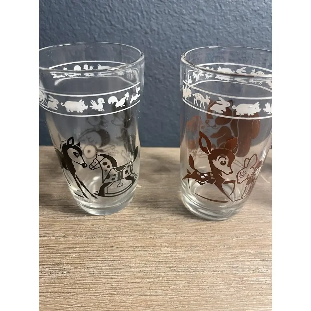 1956 Kraft Swanky Swigs Kiddie Kups Set 6 Hazel Atlas Animal Juice Glasses